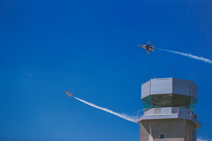 US Air Force F-16 fighter jets perform at an airshow