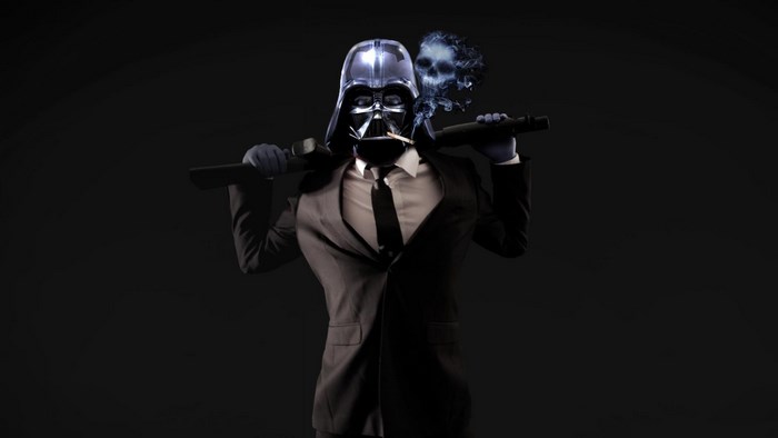 Darth Vader in a suit holding a rifle
