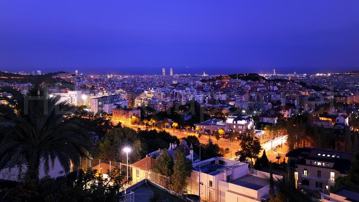 Barcelona cityscape at dusk with palm trees