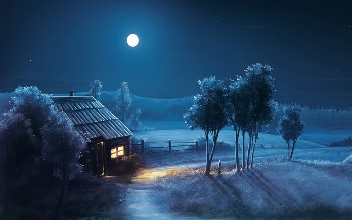 Moonlit night over a rustic cabin and trees