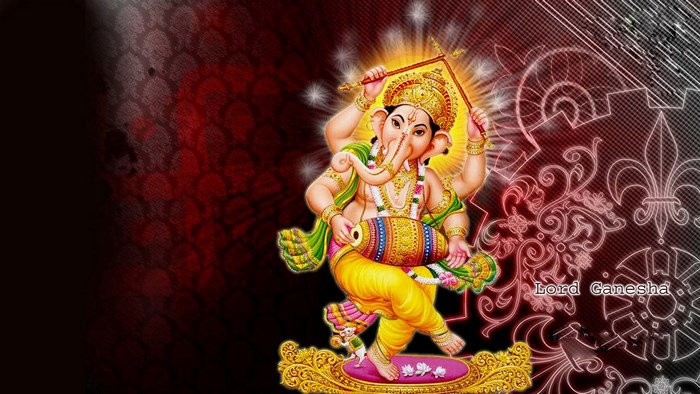 Lord Ganesha dancing with drum and trident