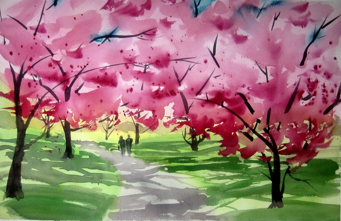 Watercolor painting of cherry blossom trees in a park
