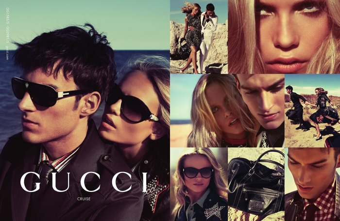 Gucci Cruise fashion advertisement with models and handbags