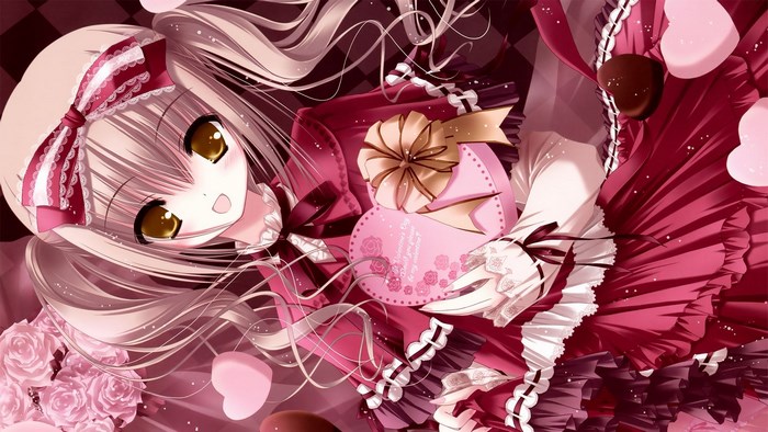 Anime girl with heart-shaped gift box and chocolates