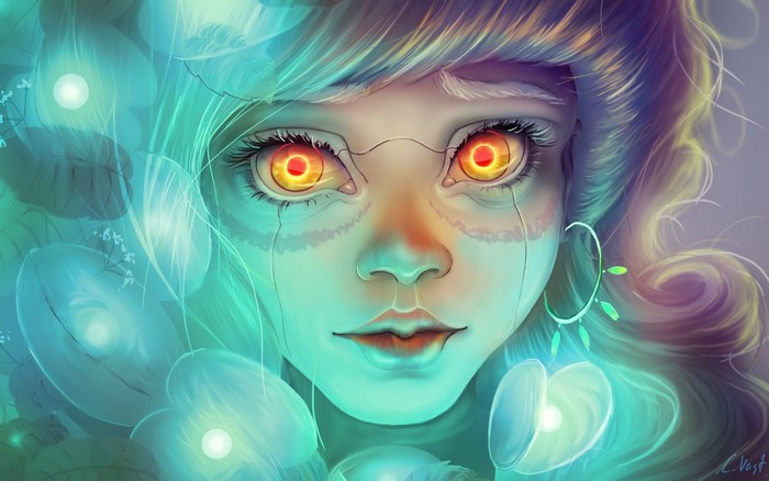 Anime girl with glowing eyes and ethereal elements