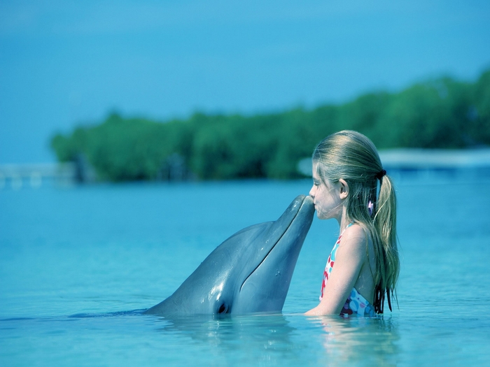 Girl kissing a dolphin in the water