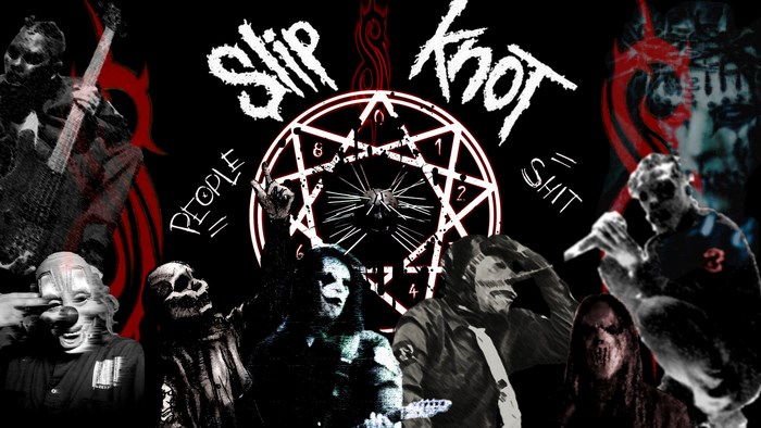 Slipknot band members with masks and pentagram