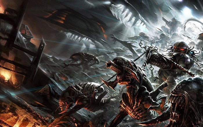 Predator and Aliens fighting in a dark environment
