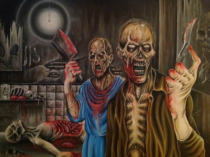 Zombies with cleaver and knife in a butcher shop