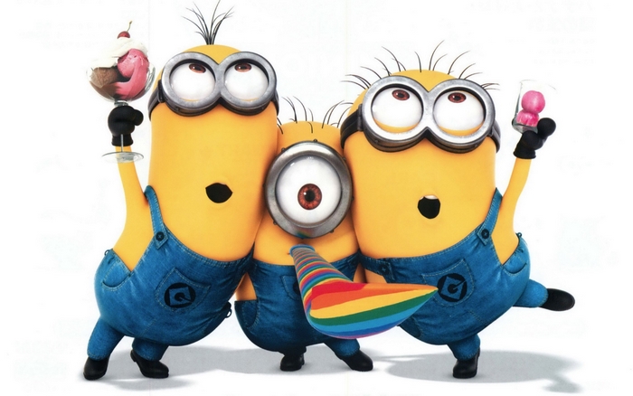 Three Minions celebrating with drinks and party hat