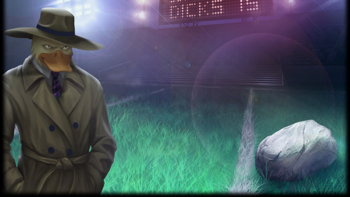 Duck Game character in trench coat on stadium field
