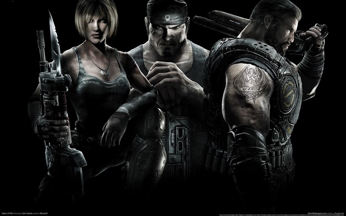 Gears of War 3 characters Anya Stroud, Marcus Fenix, and Dominic Santiago