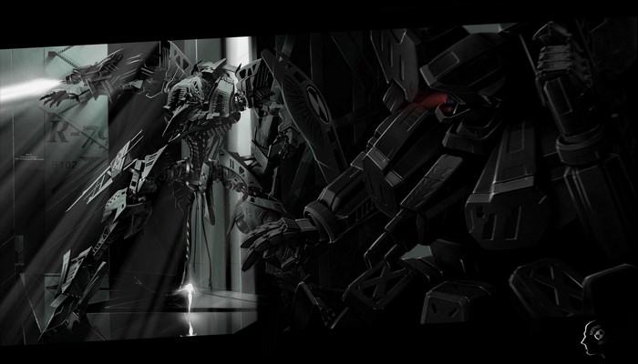 Armored Core robots in a dark hangar