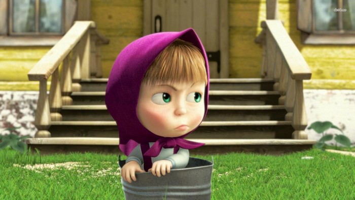 Masha from Masha and the Bear in a bucket