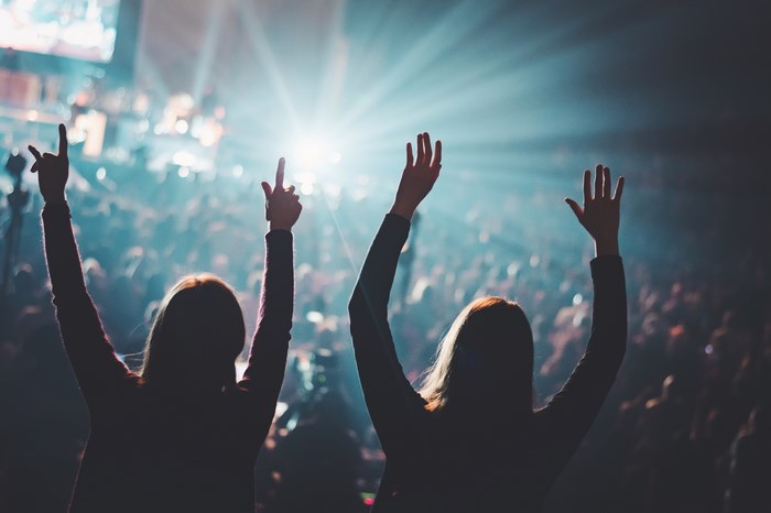 Two people with hands raised at a concert