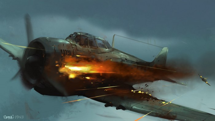 Damaged aircraft in aerial combat