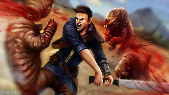 Man fighting mutated creatures in Fallout: New Vegas