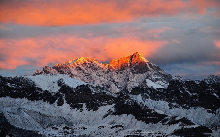 Sunset Light on Mount Everest Snow-Capped Peaks