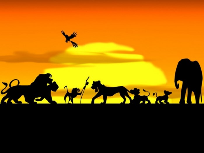 The Lion King silhouette scene with animals and sunset