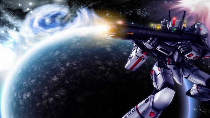 VF-1 Valkyrie from Robotech firing weapon near planet