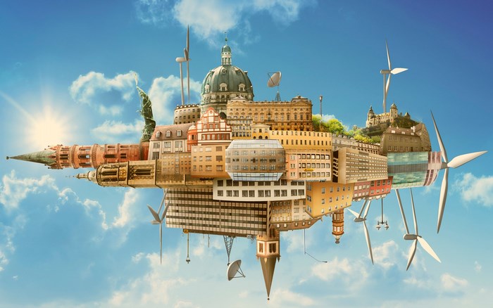 Floating city with wind turbines and historical buildings