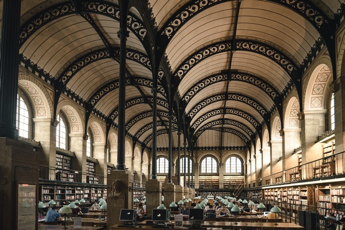 Interior of a historic library with vaulted ceilings and bookshelves