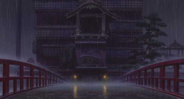 Spirited Away bathhouse on a rainy night