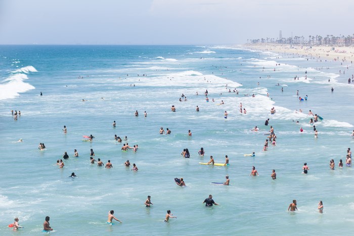 People swimming and surfing in the ocean on a sunny day