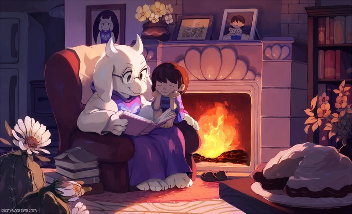 Toriel and Frisk reading by the fireplace in Undertale
