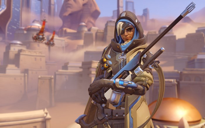 Ana from Overwatch in a desert city