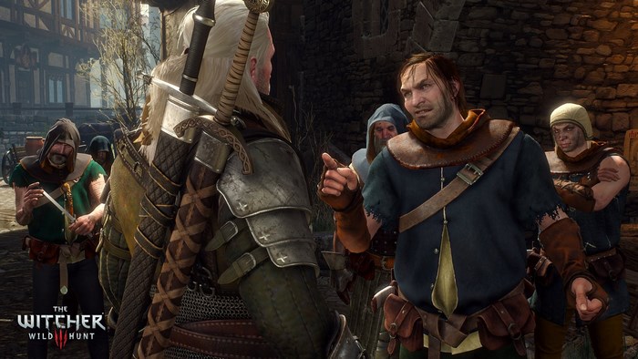 Geralt of Rivia from The Witcher 3 Wild Hunt talking to men