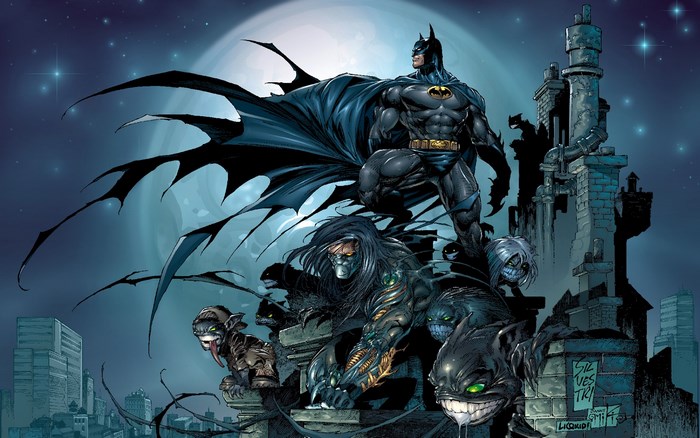Batman and creatures on a rooftop at night