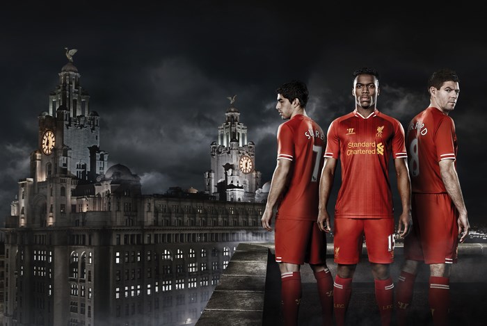 Liverpool FC players in front of Royal Liver Building