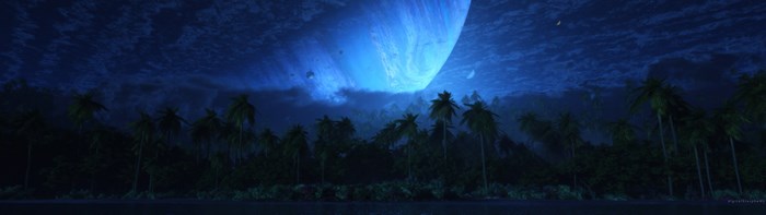 Sci-fi planet with moons over tropical forest