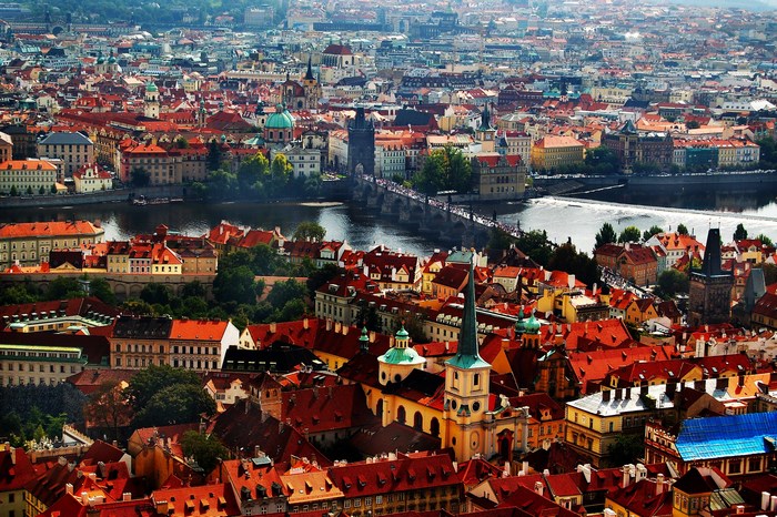 Prague cityscape with Charles Bridge and Vltava River
