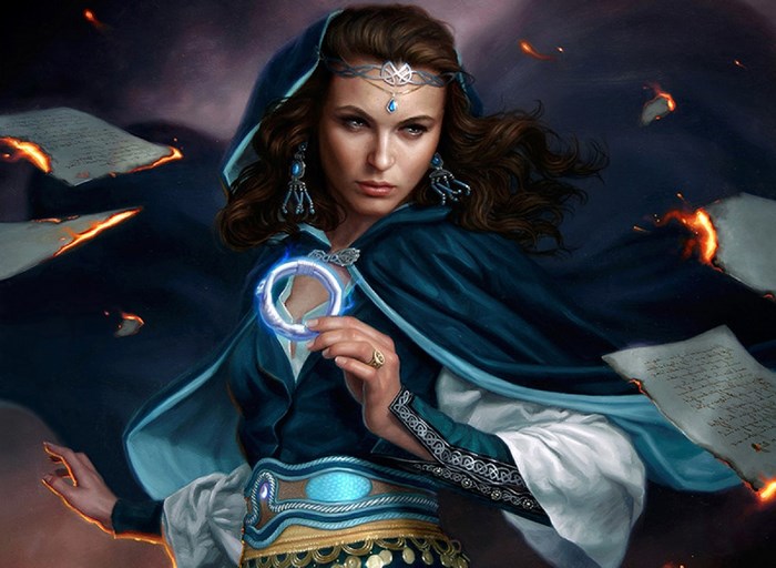 Woman with glowing ring and burning papers