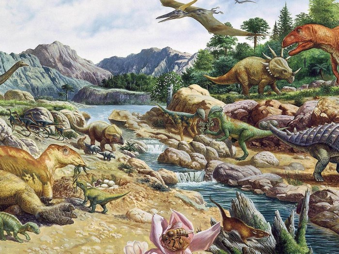 A prehistoric landscape with various dinosaurs
