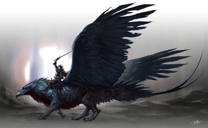 Knight riding a griffin with sword raised
