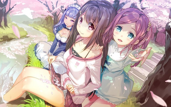 Three anime girls under cherry blossoms