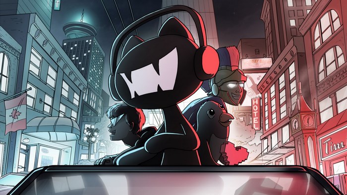 Monstercat characters in a city at night