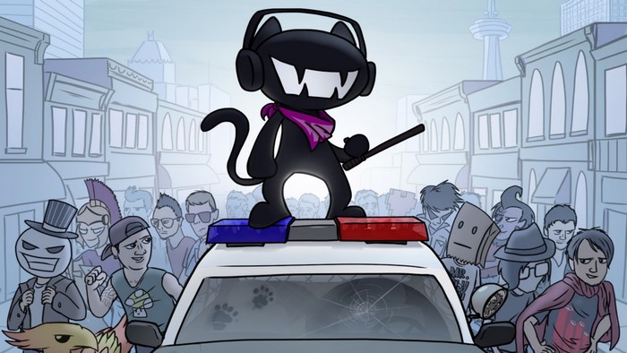 Monstercat mascot on police car with crowd