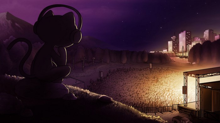 Silhouetted Cat with Headphones at Night Concert