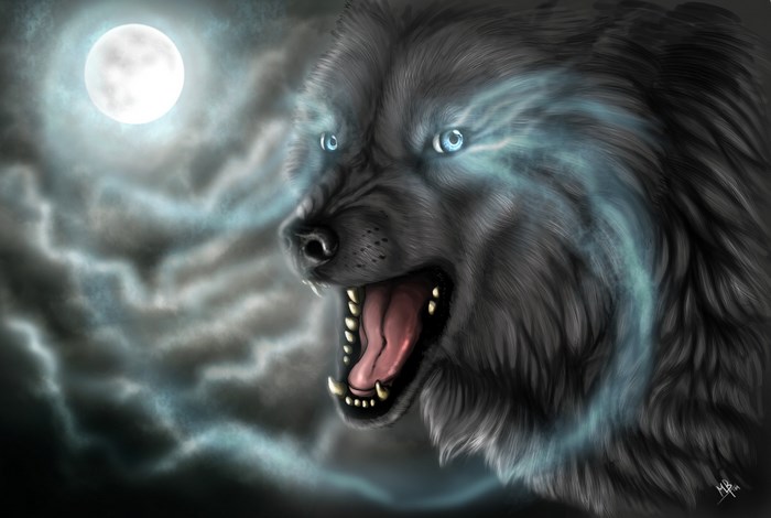 Wolf howling at the moon with lightning