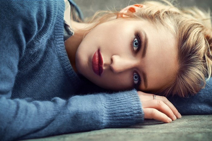 Close-up Portrait of Eva Mikulski in Blue Sweater
