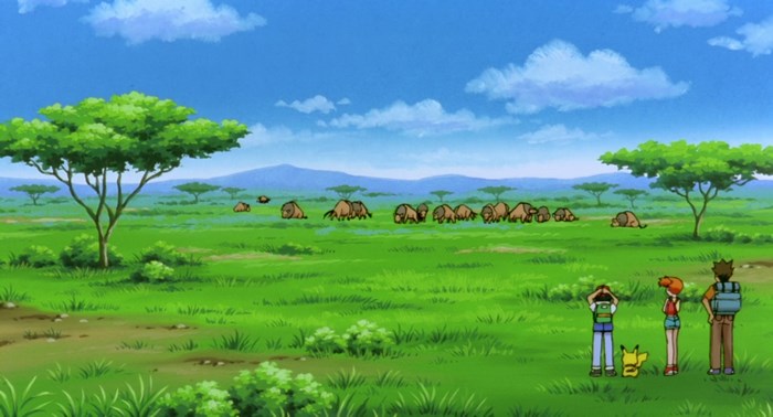 Ash, Misty, Brock, and Pikachu in a savanna with Tauros