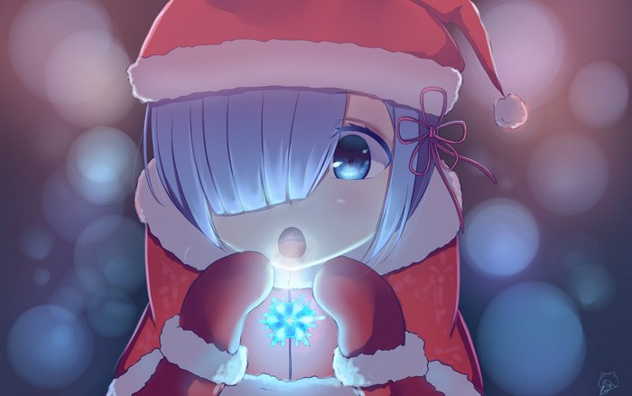 Rem from Re:Zero wearing a Santa hat holding a snowflake