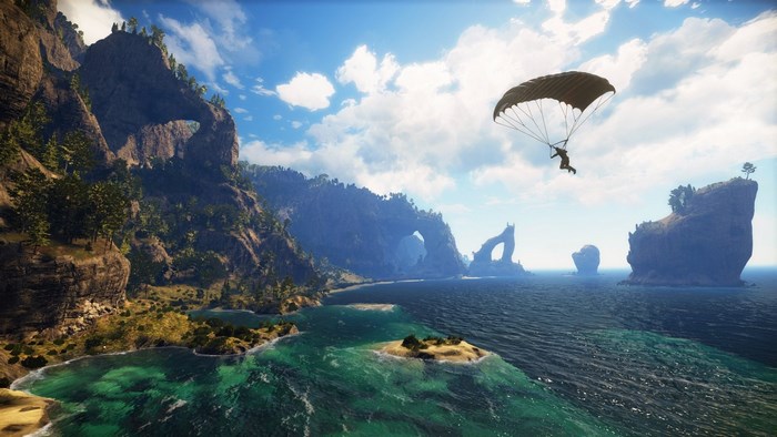 Just Cause 3: Parachutist over coastal cliffs