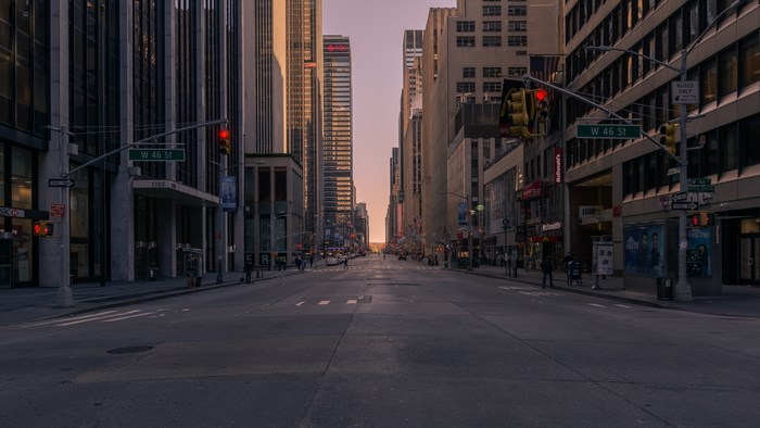 Empty street in New York City at sunset