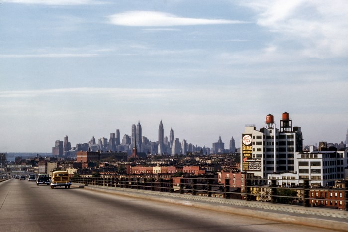 Vintage Manhattan Skyline and Highway Traffic