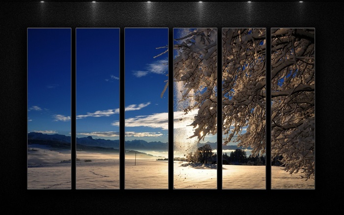 Winter landscape with snow-covered trees and mountains